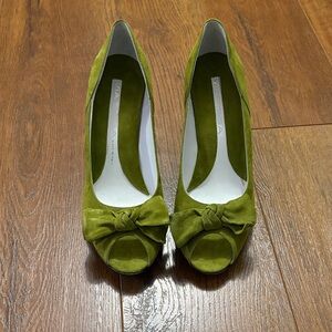 Via Spiga Olive Suede Peep-Toe Heels